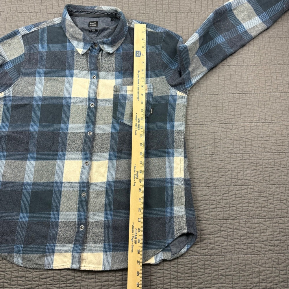Prana Flannel Shirt Women Large Blue Plaid Golden Canyon Button Front Outdoors - Picture 10 of 12